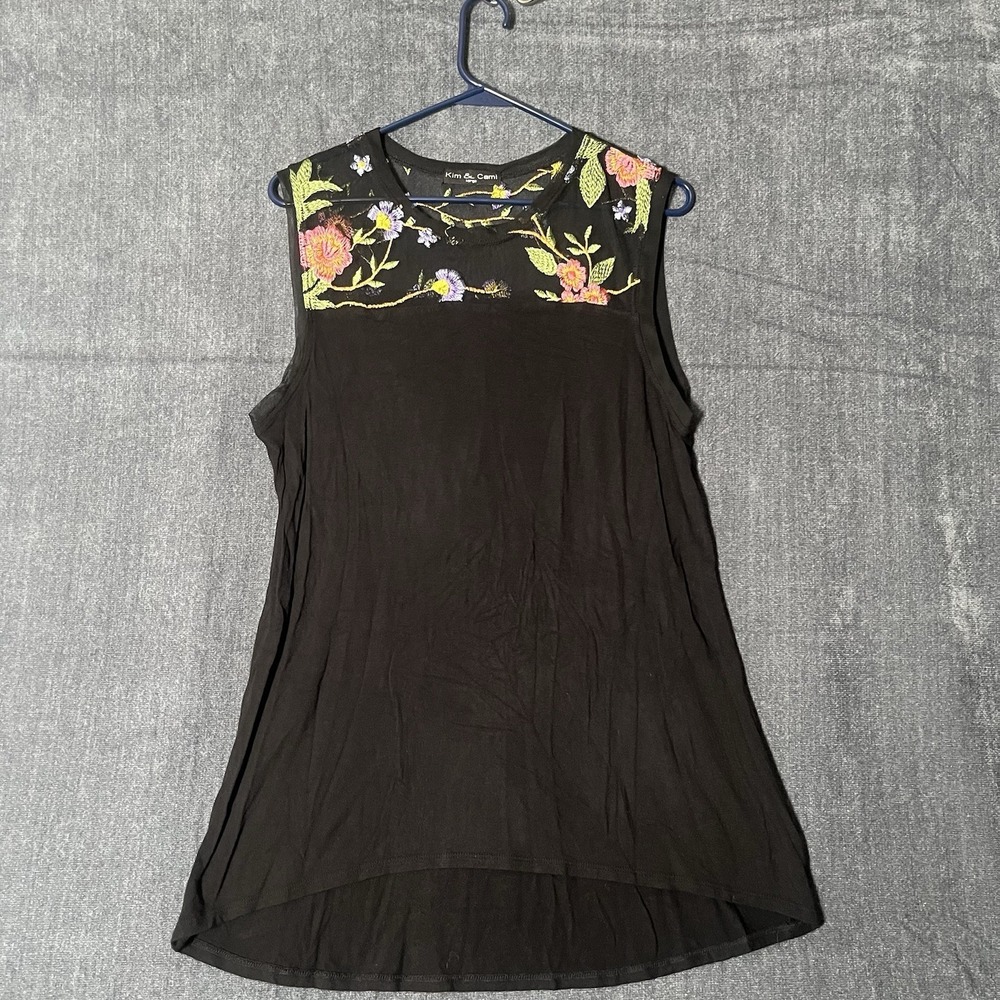 Kim & Cami Womens Large Black Tank Top Floral Embroidered Sheer Mesh High Low